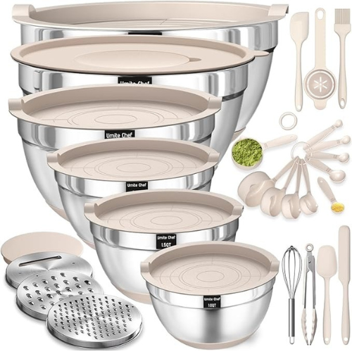 Mixing Bowls with Airtight Lids Set, 26PCS Stainless Steel Khaki Bowls with Grater Attachments, Non-Slip Bottoms & Kitchen Gadgets Set