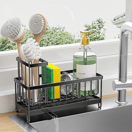 Sponge Holder for Kitchen Sink, Sink Caddy with High Brush Holder, Organzier Rustproof 304 Stainless Steel Dish Organizer